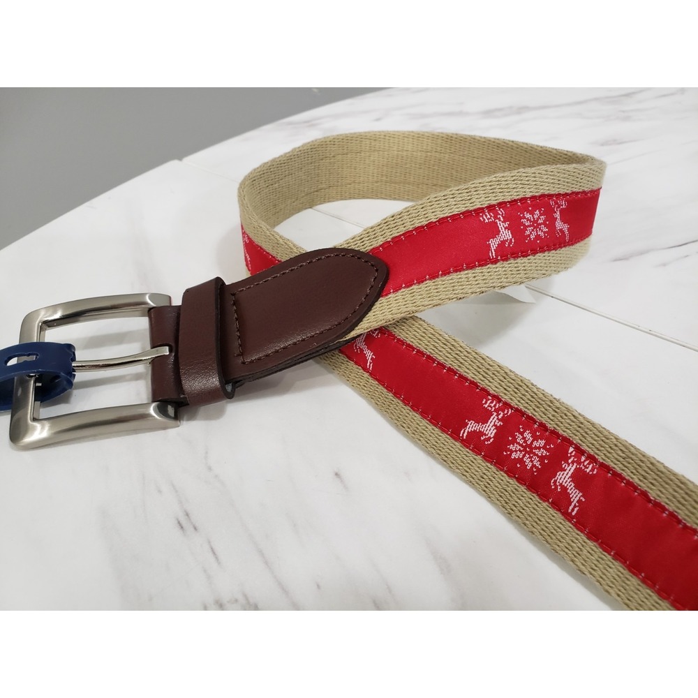 NEW Club Room Men's Faux Leather Holiday Reindeer Fabric Belt Christmas 30/32 In